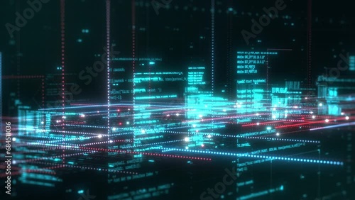 abstract complex neural data network with programming code, concept of web development, machine learning, artificial intelligence, futuristic technology (3d render) photo