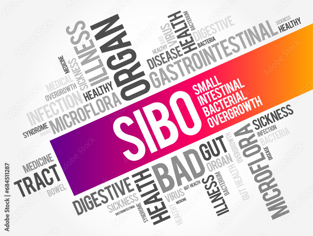 SIBO - Small Intestinal Bacterial Overgrowth is an imbalance of the microorganisms in your gut that maintain healthy digestion, word cloud concept background