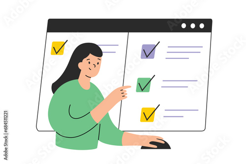 Student choosing answers in online test, quiz interface on screen, vector illustration of checkboxes, checkmarks, cartoon woman passing internet exam on computer, online education concept