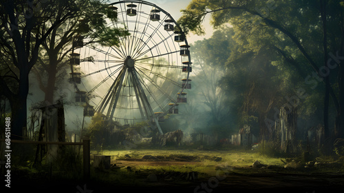 Green forest and ferris wheel with grass in the city park. generative ai. © mfz