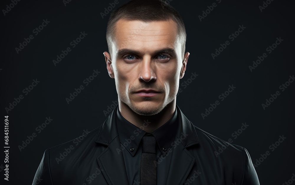 Intense Gaze: Striking Male Portrait in Black Attire Against Dark Background Intense Gaze: Striking Male Portrait in Black Attire Against Dark Background