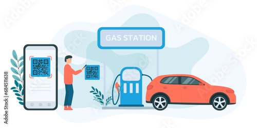 Flat vector illustration of a man using a mobile phone to pay for gas by scanning a QA code at a gas station.