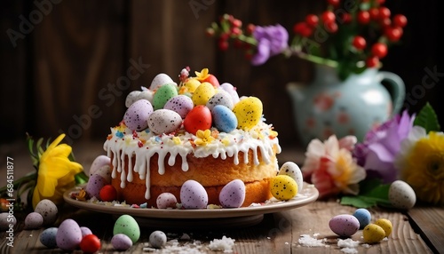 Easter cake and easter eggs on a wooden table with flowers, Easter cake with colorful eggs on rustic wooden background, selective focus