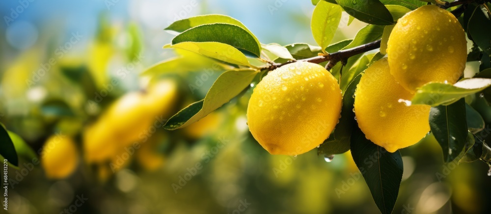Fresh lemons on the tree in a lemon farm It is ready to be picked up by farmers and marketed. The weather is sunny and fresh.Background of a lemon garden in summer with copyspace for text