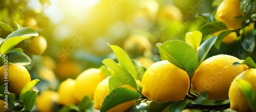 Fresh lemons on the tree in a lemon farm It is ready to be picked up by farmers and marketed. The weather is sunny and fresh.Background of a lemon garden in summer with copyspace for text