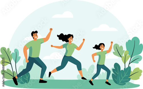 The cheerful Healthy people run for exercise happily with big smiles in the park. Flat Style Cartoon Illustration.