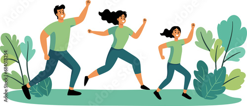 The cheerful Healthy people run for exercise happily with big smiles in the park. Flat Style Cartoon Illustration.