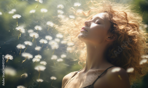 Serene Woman with Dandelions in Sunlight