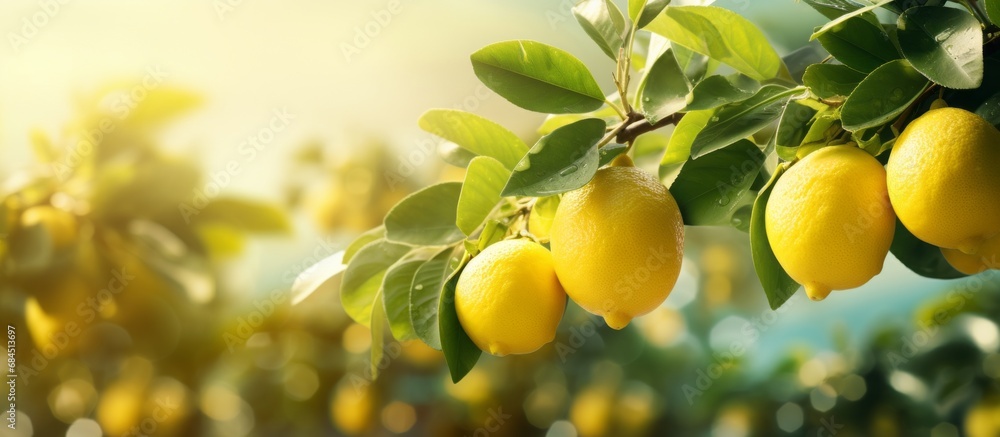 Fresh lemons on the tree in a lemon farm It is ready to be picked up by farmers and marketed. The weather is sunny and fresh.Background of a lemon garden in summer with copyspace for text Fresh lemons on the tree in a lemon farm It is ready to be picked up by farmers and marketed. The weather is sunny and fresh.Background of a lemon garden in summer with copyspace for text