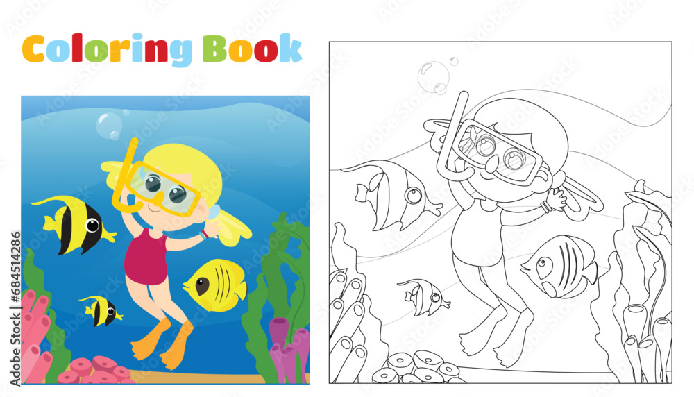 Fototapeta premium Coloring page. A happy girl in a swimsuit and fish swims near the coral reefs. Vertical scene in cartoon style.