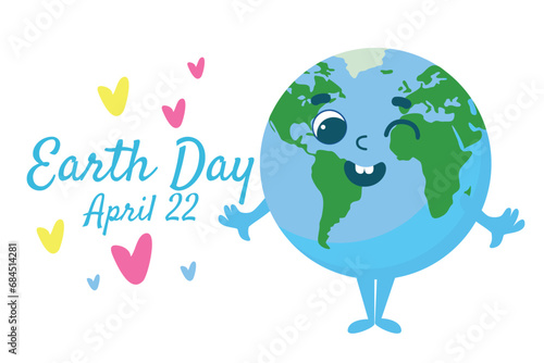 Earth Day postcard. Persona Earth with a cheerful face smiles joyfully.