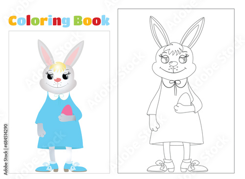 Coloring page. Happy Easter bunnies smiles happily. Vector illustration of a cartoon bunny  for easter cards.