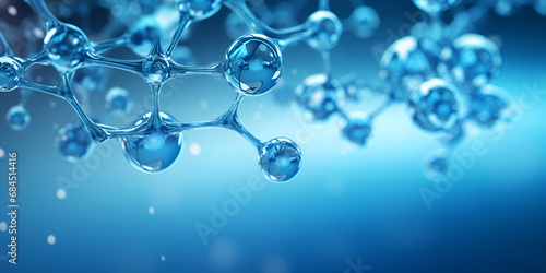 Horizontal banner with model of abstract molecular structure. Background of blue color with glass atom model Blue Glass Atom Model Design AI Generative 