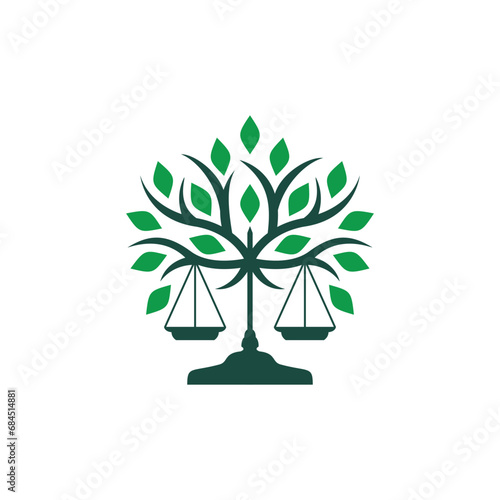 law logo scale of justice and green tree concept logo icon template