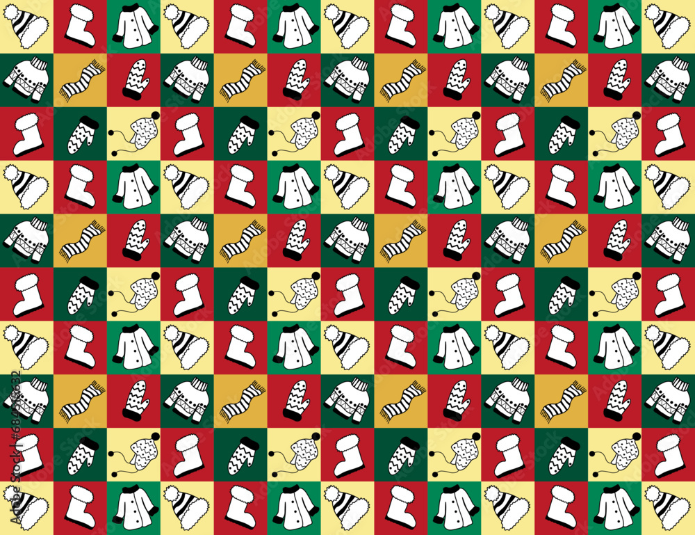 Naklejka premium seamless geometric pattern of multicolored squares,tiles with different patterns doodle with winter clothes, coat,hat,mittens,boots,sweater