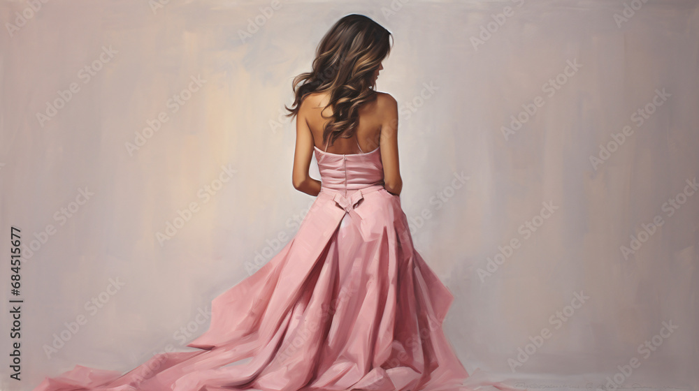 Woman in pink dress standing modern glamour back view