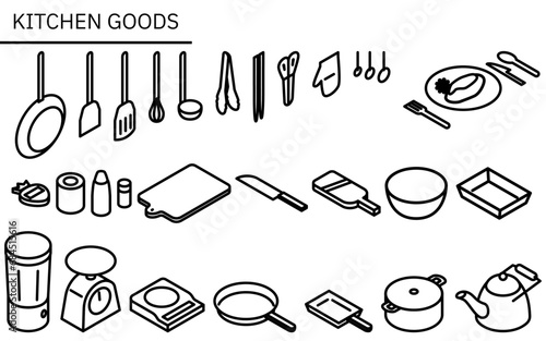 Line drawing illustration of kitchen utensils, simple isometric