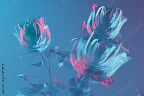 3D render of glass blooming roses against blue background photo