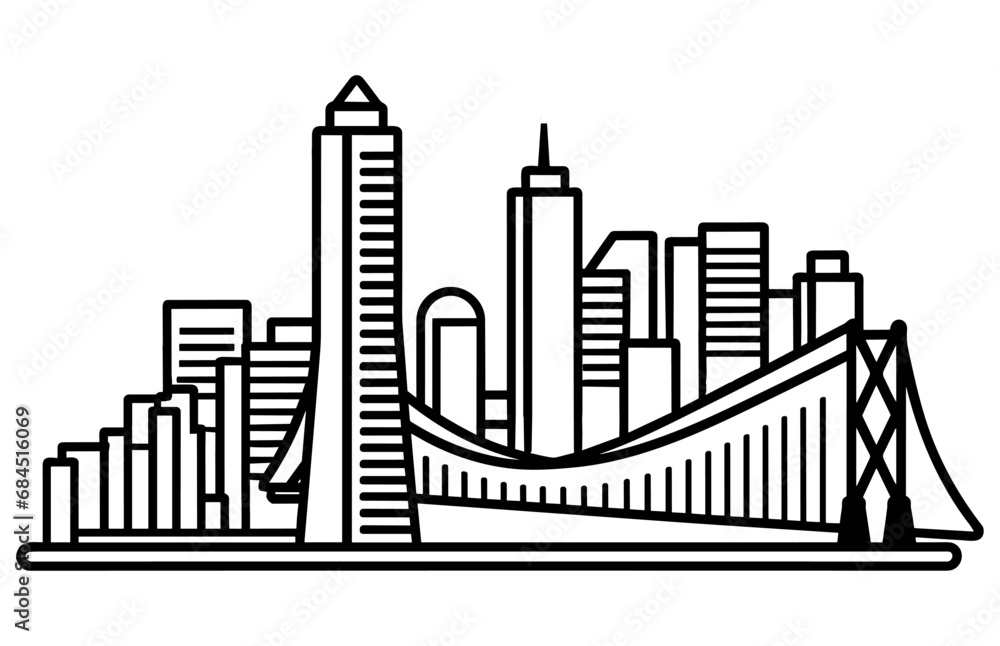 San Francisco City line art style vector illustration, Trendy template with San Francisco City buildings and landmarks inline style.