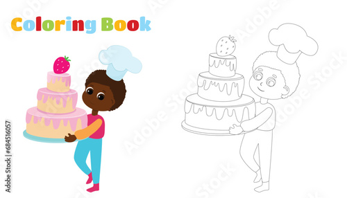 Coloring Page. The boy is holding a huge cake in his hands. The child is happy and wearing a chef's hat. Character design.