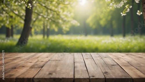 empty wooden table with blurred spring background