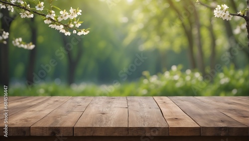 empty wooden table with blurred spring background