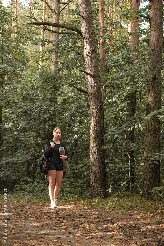 sports workout outdoor.Fit,Retreat,wellness.Woman exercising outdoors forest.Health, nature, fitness, yoga,eco fit.mental health.Wellness, exercise, physical health,gym nature