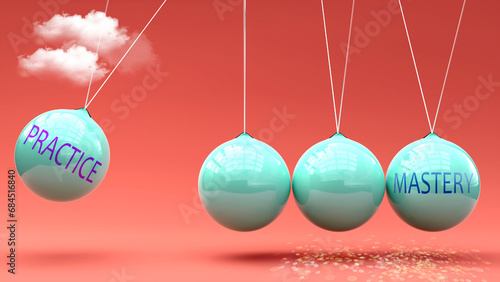 Practice leads to Mastery. A Newton cradle metaphor in which Practice gives power to set Mastery in motion. Cause and effect relation between Practice and Mastery.,3d illustration