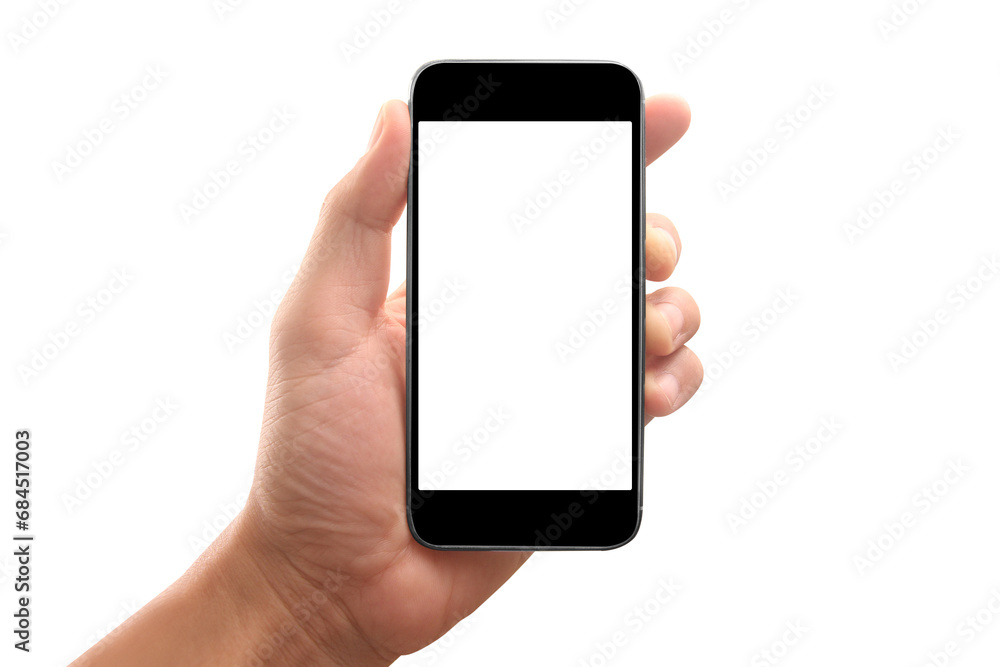 Hand holding smartphone device touching screen Hand holding smartphone device touching screen