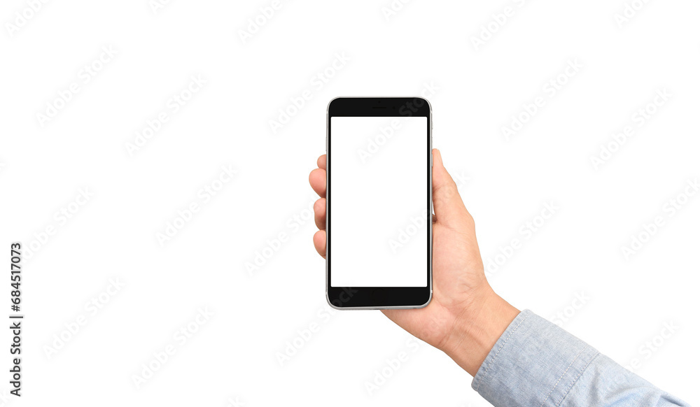 Hand holding smartphone device touching screen Hand holding smartphone device touching screen