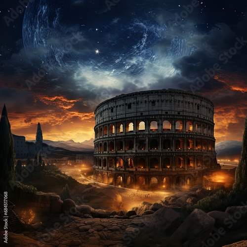 illustration of ancient Roman Colosseum in ruins , generated by AI