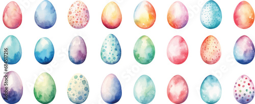 Set of watercolor Easter eggs on white background.