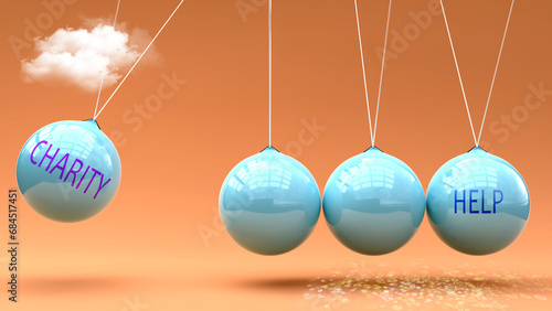 Charity leads to Help. A Newton cradle metaphor in which Charity gives power to set Help in motion. Cause and effect relation between Charity and Help.,3d illustration