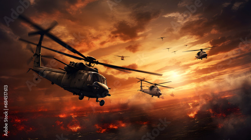 Military helicopters, forces and tanks in plane in war at sunset. generative ai.