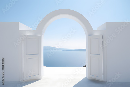 Fototapeta Naklejka Na Ścianę i Meble -  minimalism arch gate view to the sea beach living santorini island style. generative ai.