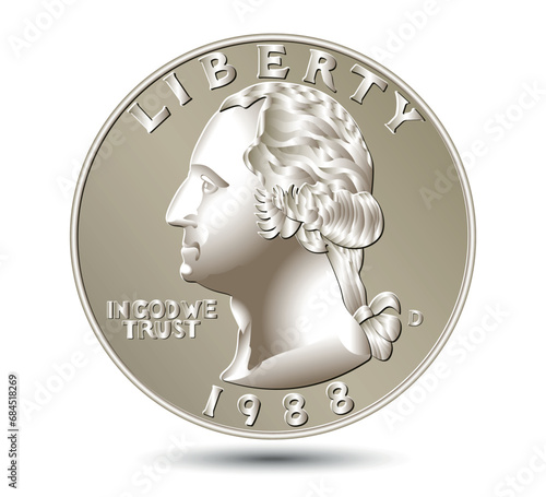 American money, Washington quarter dollar or 25-cent silver coin