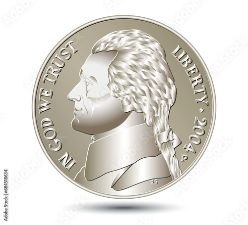 American money, USA five-cent coin with US third President Thomas Jefferson. Vector illustration.