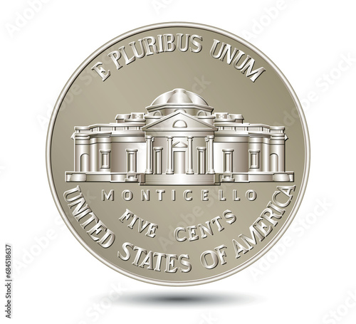 American money, USA five-cent coin with US third President Thomas Jefferson. Vector illustration.