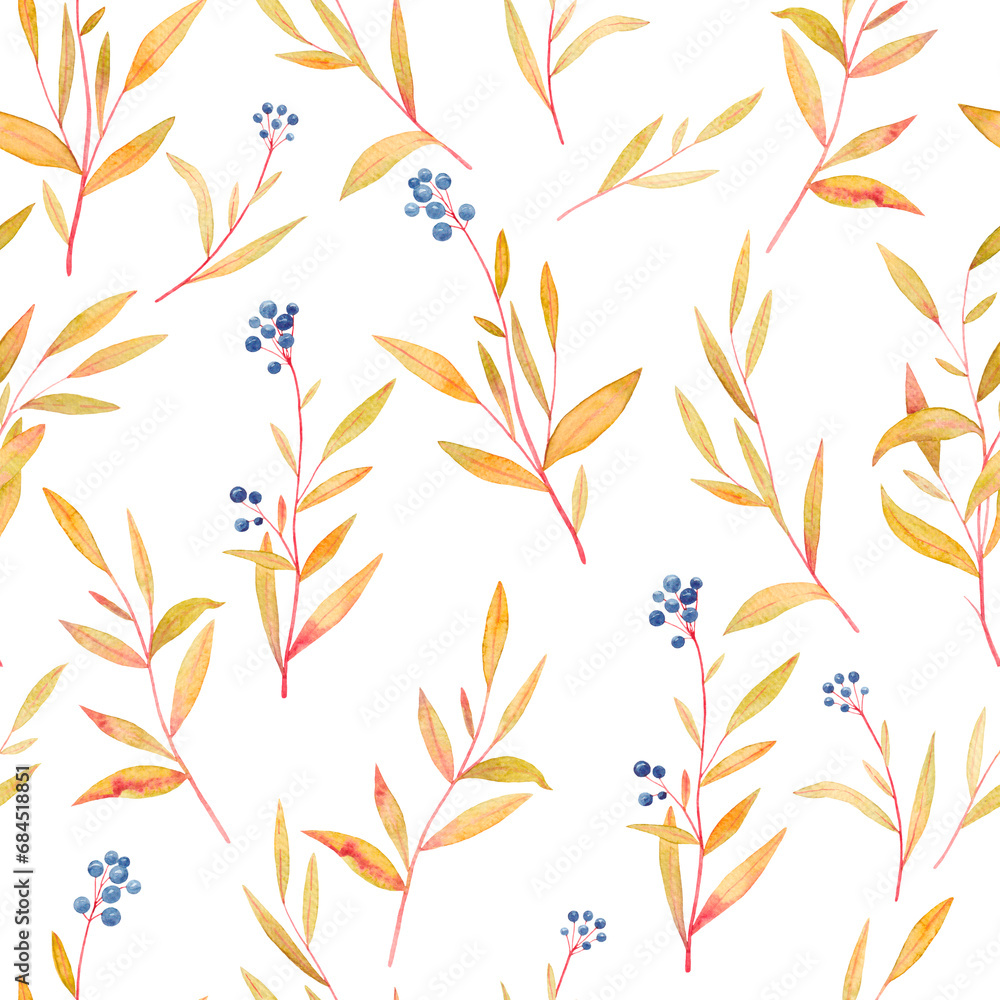 Watercolor drawing of twigs with leaves of autumn color with blue berries on a white background Watercolor drawing of twigs with leaves of autumn color with blue berries on a white background