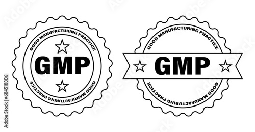 GMP set of round badges. Certified industrial stickers for products with Good Manufacturing Practice tag