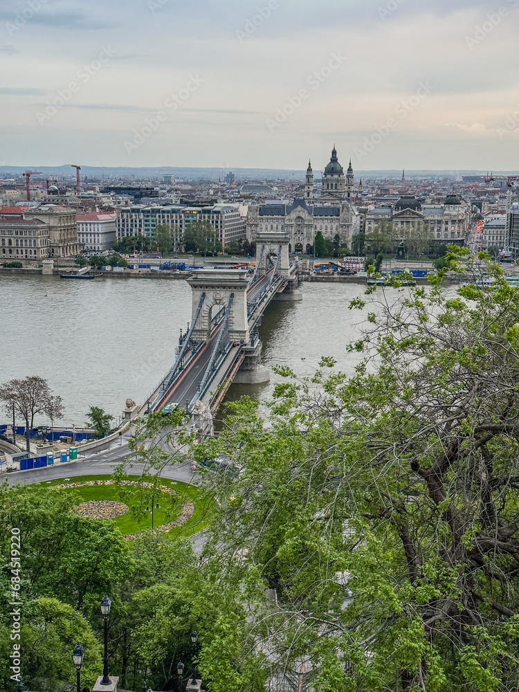 Széchenyi Chain Bridge from the Buda Castle Hill in Budapest, Hungary