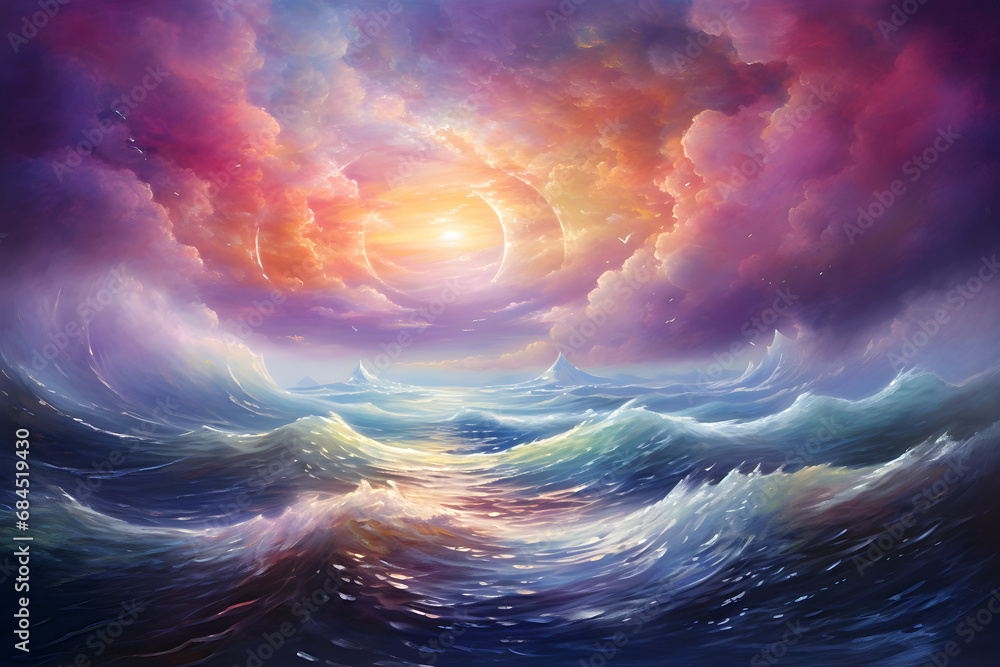 Oil painting artistic image of floating sea waves in the clouded sky with rainbow colours of universe and glow stars. generative ai.