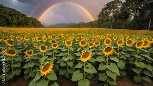 A rainbow over a field of sunflowers after a refreshing summer rain #684520006
