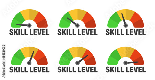 Skill level meter indicator. Education speedometer. Skill Level Meter, measuring scale. Vector stock illustration set photo