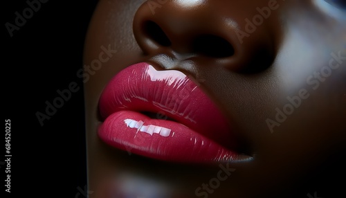 Full lips wearing glossy fushia lipstick. photo