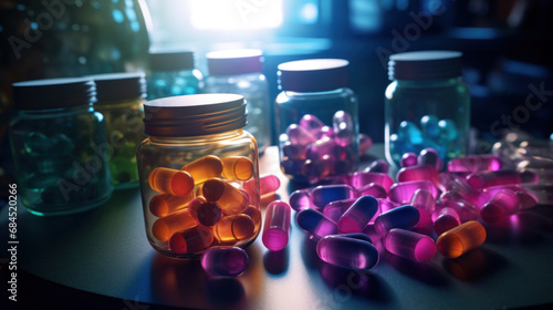 Colorful pills and capsules are scattered on the dark table. View from above