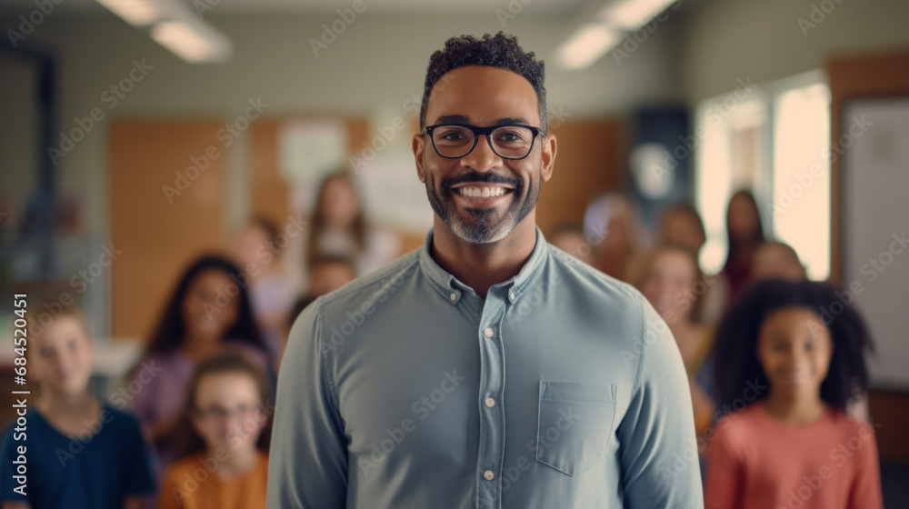 Obraz premium Portrait of the teacher against the background of the students in the classroom