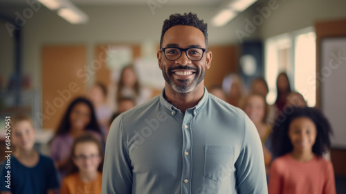 Portrait of the teacher against the background of the students in the classroom