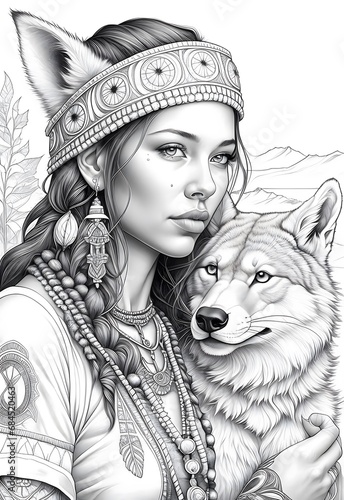Native American girl culture coloring page featuring traditional attire. This detailed sketch captures the intricate beadwork and feathered headdress of the American West.