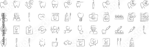 Dental clinic hand drawn icons set  including icons such as Tooth  Dental Crane  Teeth  Surgeon  Protection  and more. pencil sketch vector icon collection